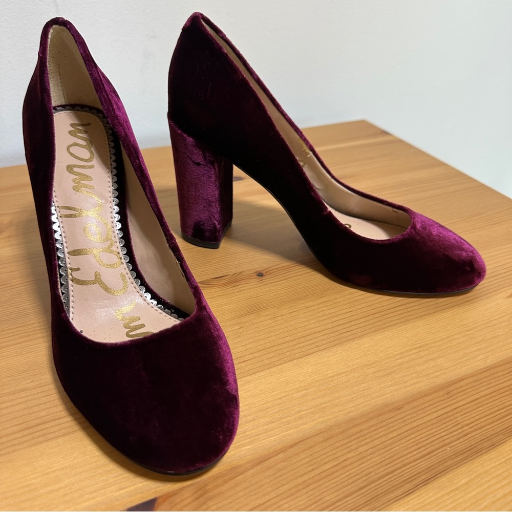 Sam Edelman | Burgundy Velvet Block Heel Pumps | Round Toe Slip-On | Size 7